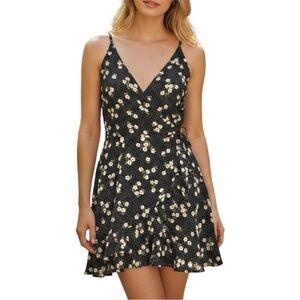 Altar'd State Black Floral Wrap Mini Dress - Size Large - Daisy Print